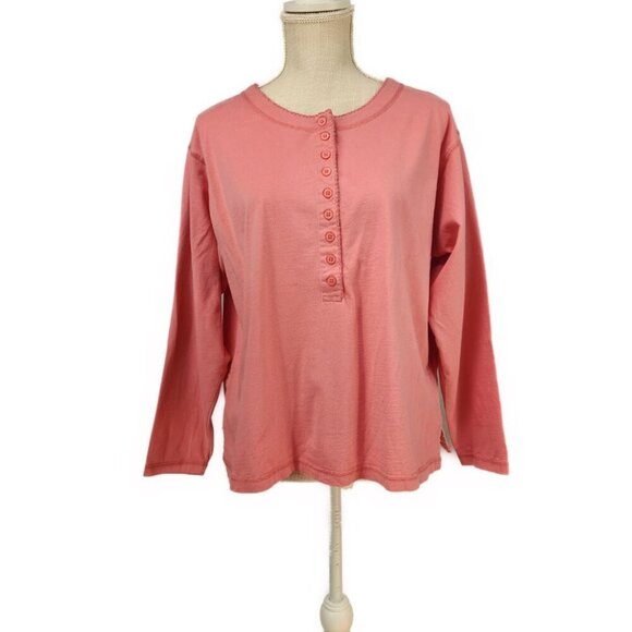 Eddie Bauer Tops - Eddie Bauer Long Sleeve Women's Petite L 1/2 Button Salmon Pink Cottage Shirt